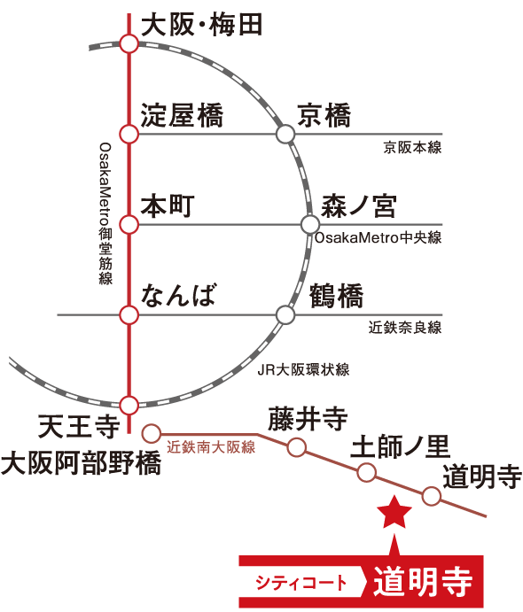 路線図：近鉄南大阪線 土師ノ里・道明寺