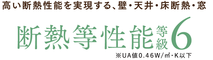 高い断熱性能を実現する、壁・天井・床断熱・窓 断熱等性能等級6 ※UA値0.46W/㎡・K以下